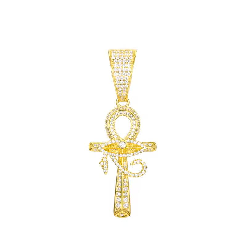 MOISSANITE EYE OF HORUS ANKH CROSS PENDANT. - GOLD