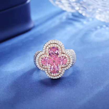 CUBIC ZIRCONIA PINK LUCKY CLOVER RING. - WHITE GOLD