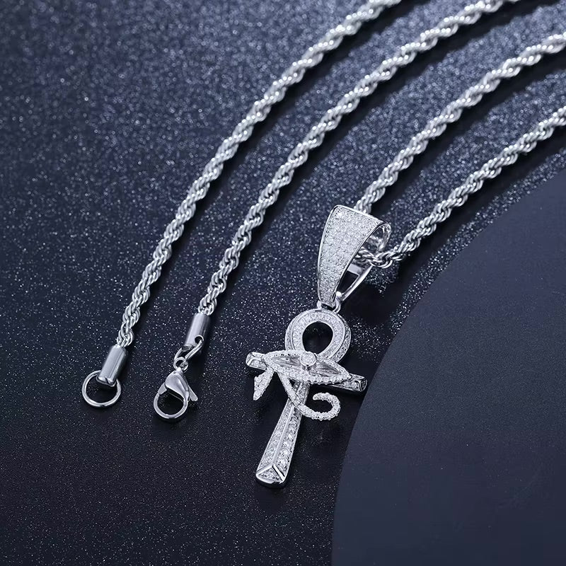 MOISSANITE EYE OF HORUS ANKH CROSS PENDANT. - WHITE GOLD