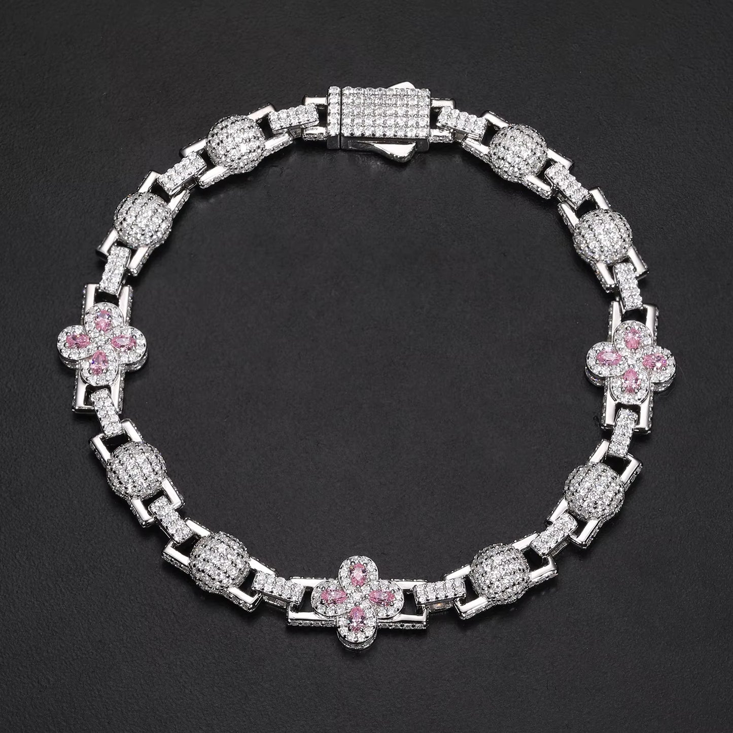 MOISSANITE PINK CLOVER LINK BRACELET. - WHITE GOLD