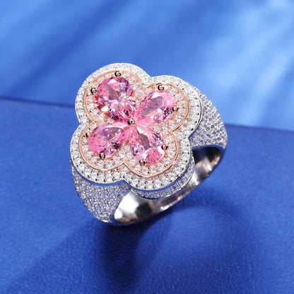 CUBIC ZIRCONIA PINK LUCKY CLOVER RING. - WHITE GOLD