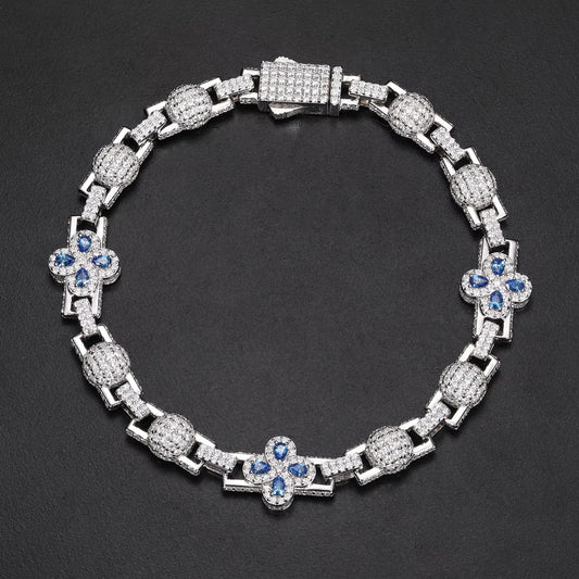 MOISSANITE BLUE CLOVER LINK BRACELET. - WHITE GOLD