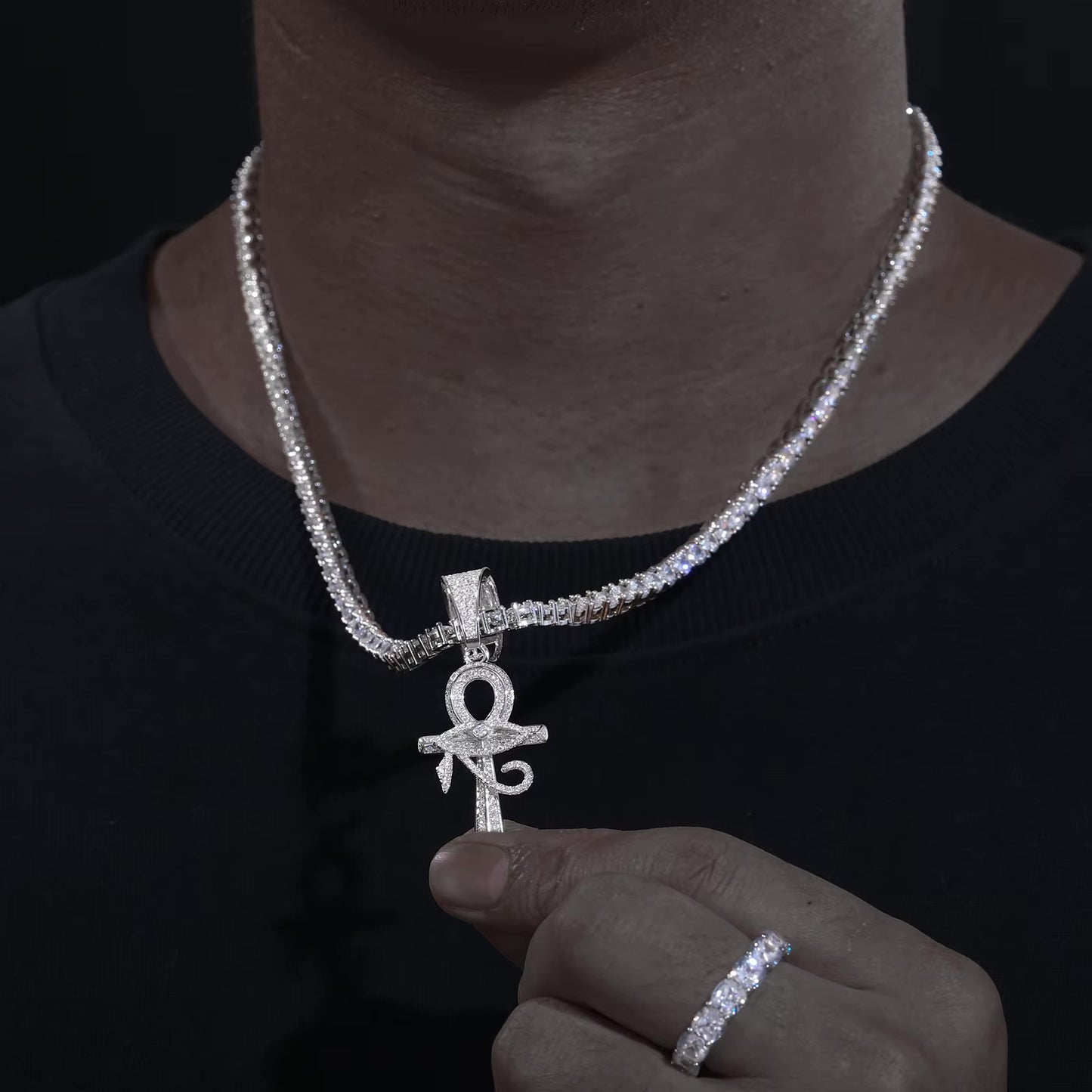 MOISSANITE EYE OF HORUS ANKH CROSS PENDANT. - WHITE GOLD