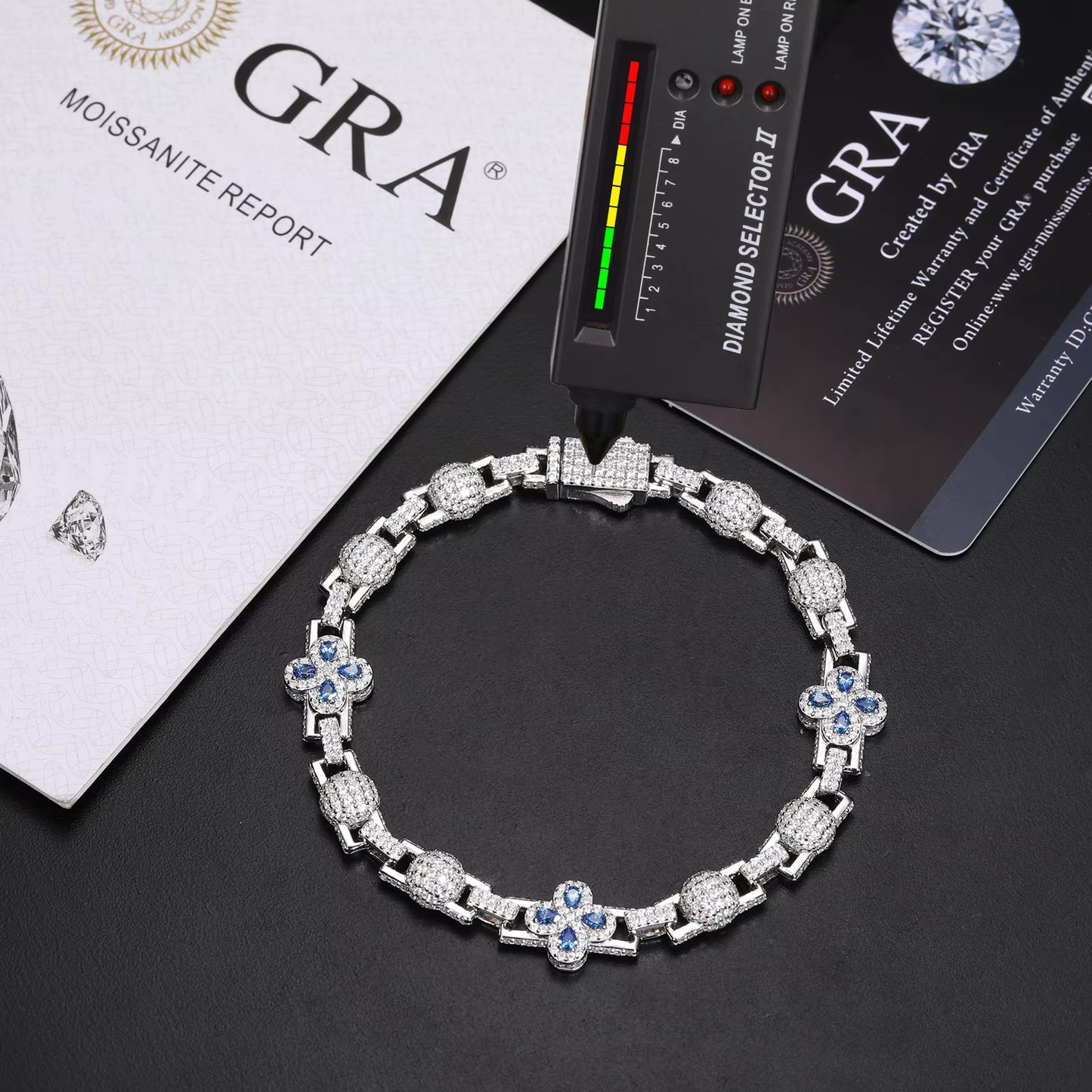 MOISSANITE BLUE CLOVER LINK BRACELET. - WHITE GOLD